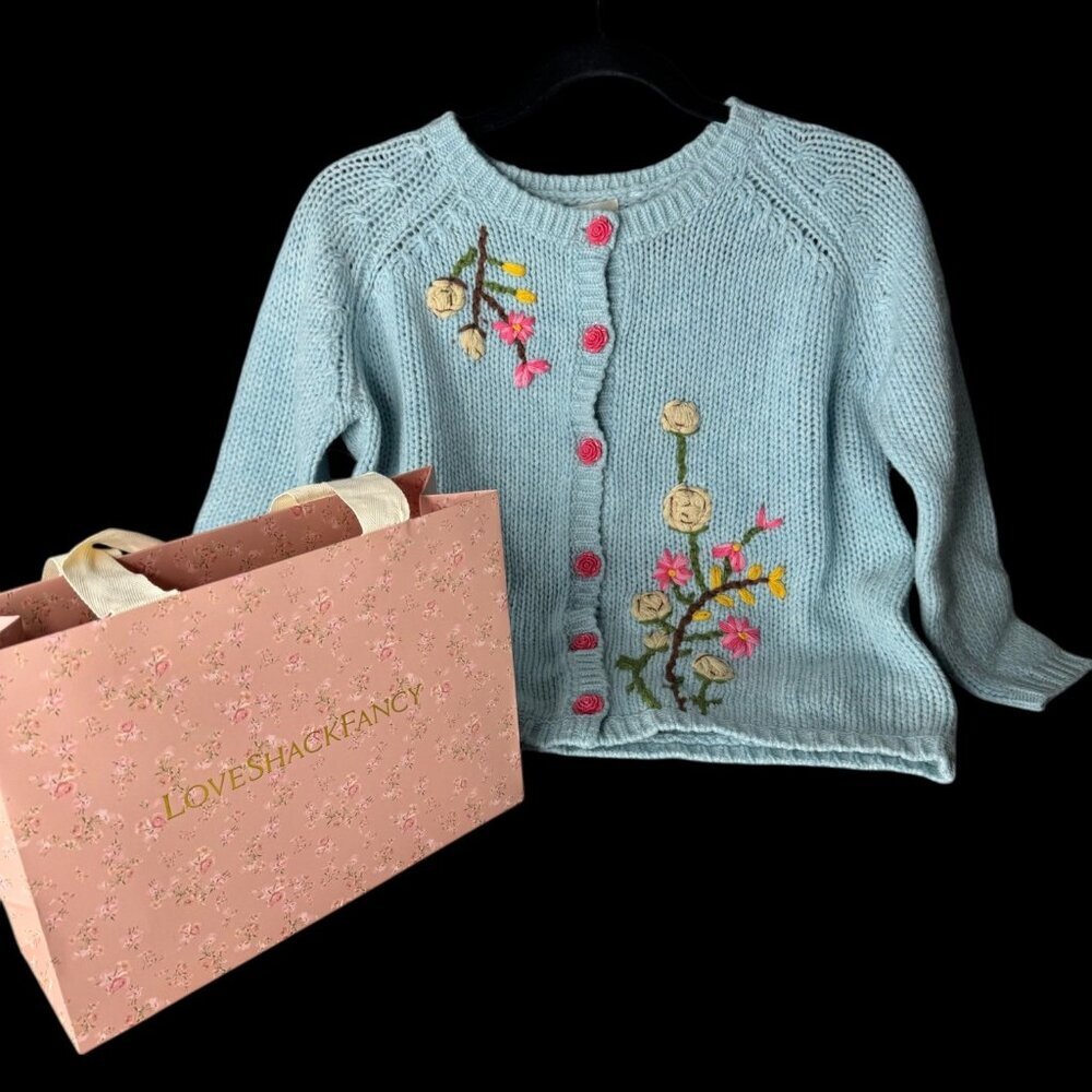 LOVESHACKFANCY Anastasia Floral Cardigan Size P Petite 00 $345 Pink Rose Buttons